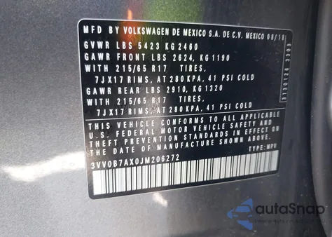 2018 Volkswagen Tiguan 2.0T S z USA, uszkodzony, nr VIN 3VV0B7AX0JM206272